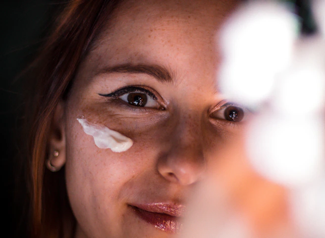 Close-up of a woman’s smooth, radiant skin after using Vitalysse Beetox Cream.